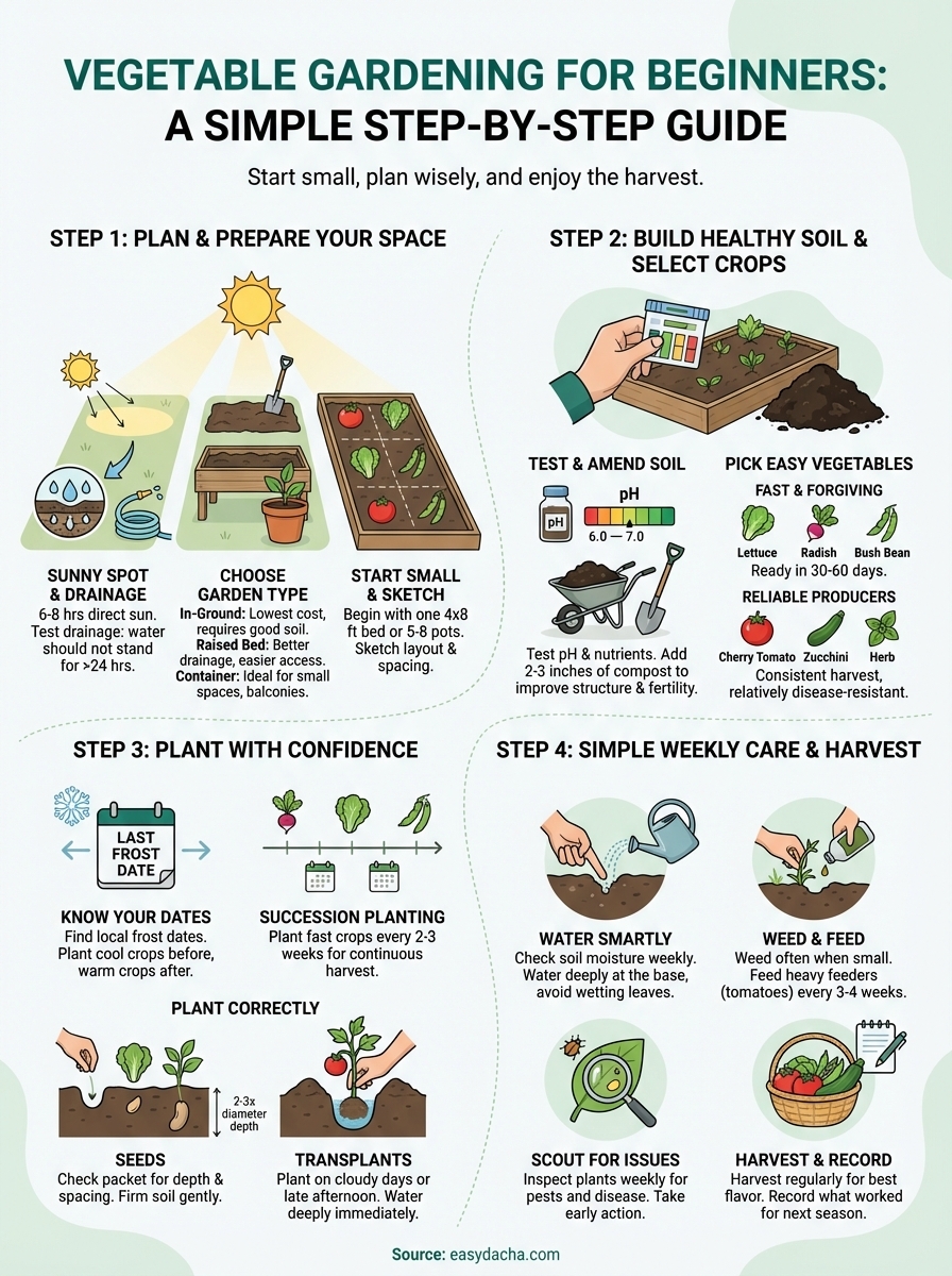 Infographic titled "Vegetable Gardening for Beginners" outlining step-by-step gardening instructions, including planning, soil preparation, crop selection, planting techniques, and weekly care tips.