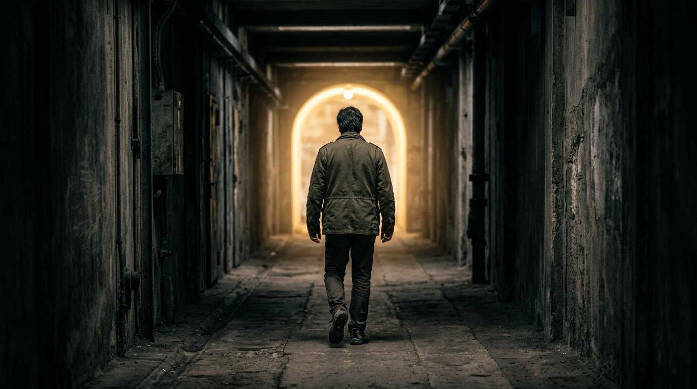 Мужчина идёт по тоннелю от темноты к свету впереди — символ прохождения через стадии кризиса среднего возраста