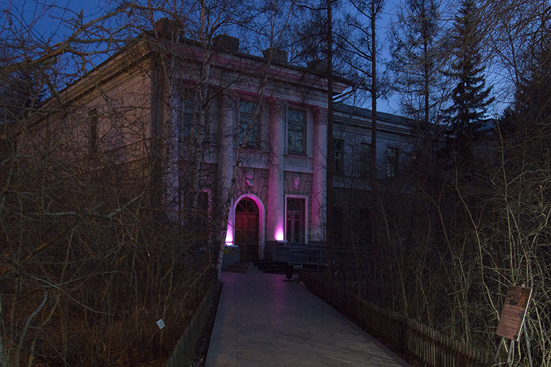 Фасад здания Забайкальского краевого краеведческого музея в фиолетовом цвете