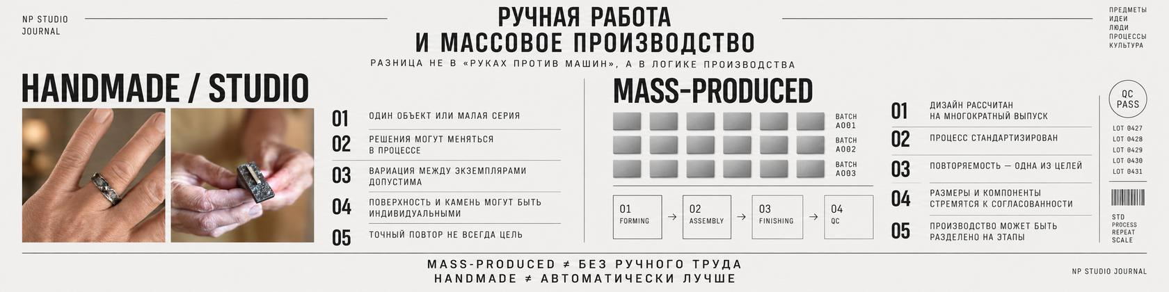 Инфографика NP Studio Journal: ручная работа и массовое производство — сравнение производственной логики