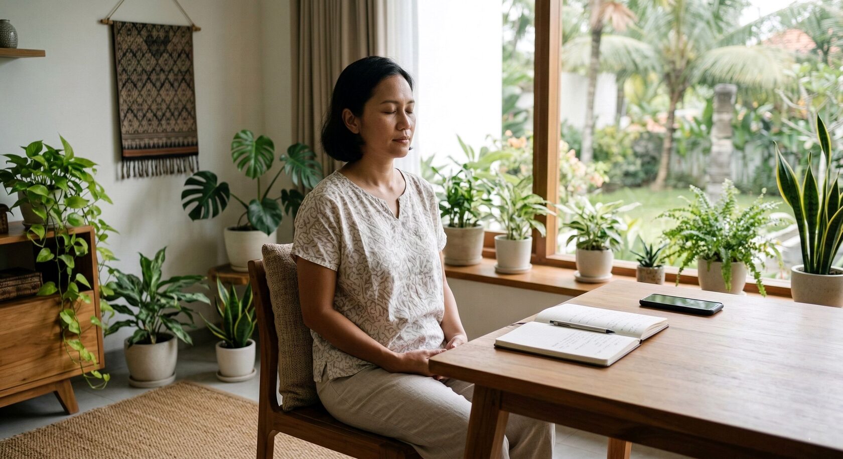 Perempuan duduk tenang dan bermeditasi di rumah dekat jendela sebagai ilustrasi kebiasaan sederhana untuk mengurangi stres setiap hari