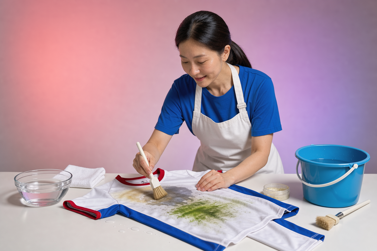 A person pretreating a grass and sweat stain on a sports jersey using gentle scrubbing with water and a soft brush, with a soaking bucket nearby