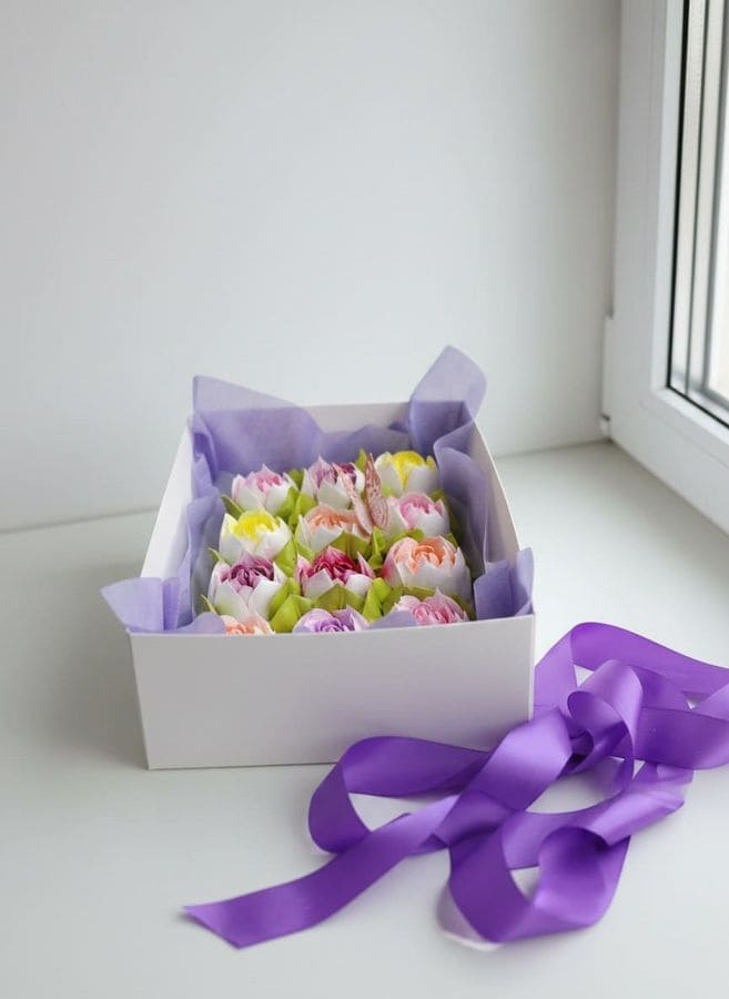 Тюльпаны из зефира в коробке с окном 20×16см 2