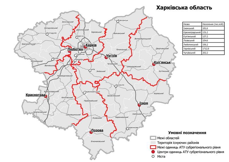 Карта Харківської області 7 районів