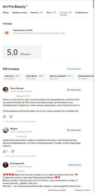 Карточка салона наращивания волос Art Pro Beauty на Яндекс Картах: рейтинг 5,0, 646 оценок, награда «Хорошее место 2026»