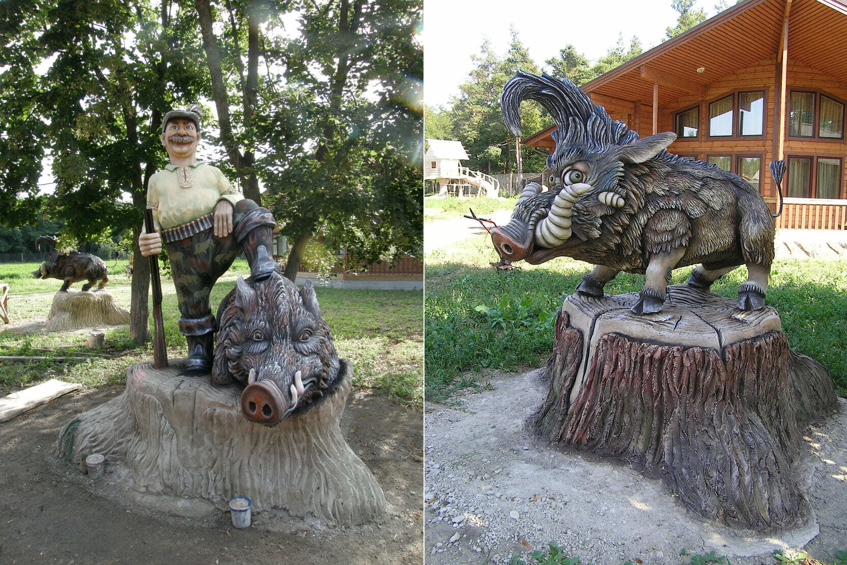 Скульптуры охотника и кабанов из арт бетона
