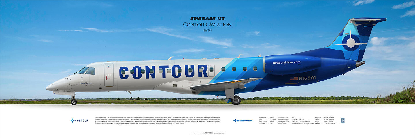 Нарисованный профиль Embraer ERJ135 на фоне пейзажа