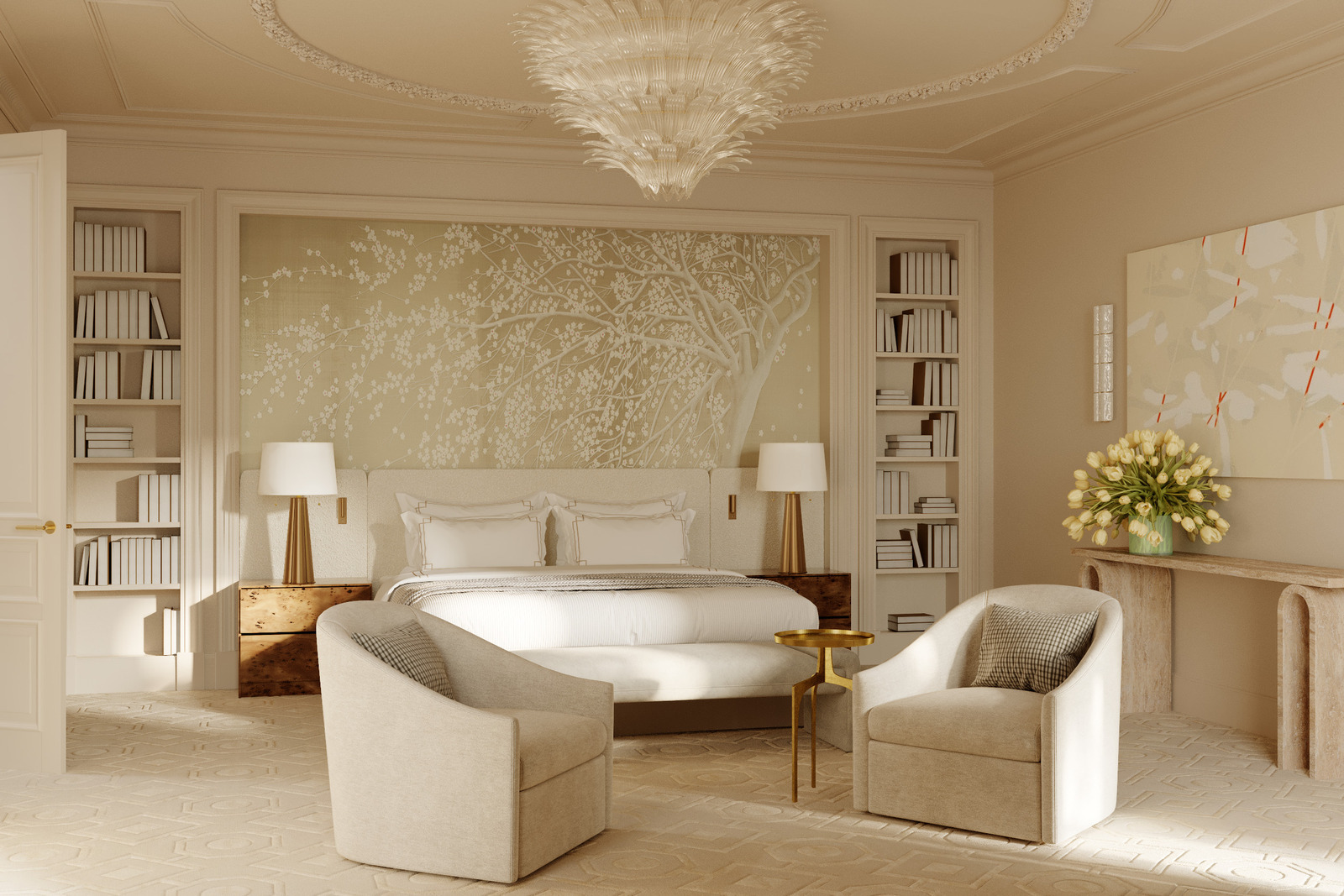 Светильник Barovier&amp;Toso, гипсовая лепнина в интерьере спальни загородного дома дизайнера Екатерины Фёдоровой