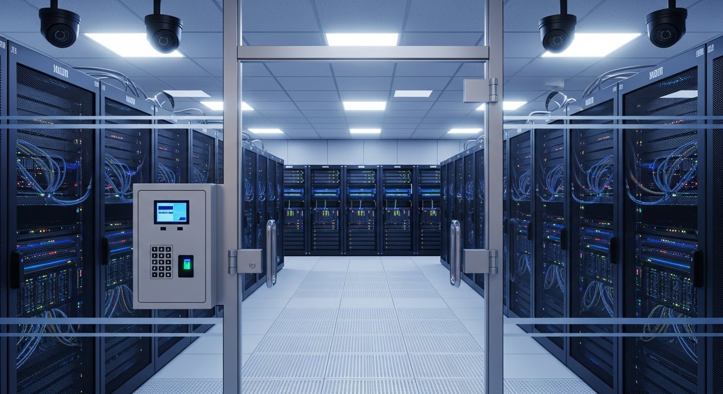 Защищённая серверная со стеклянными дверями, системой контроля доступа и охранными камерами