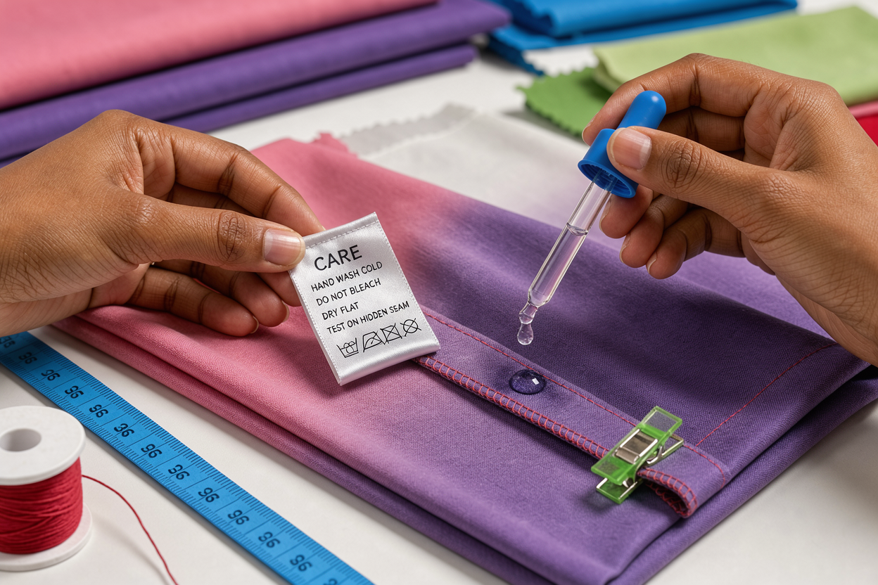 Close-up of hands checking a garment care label and testing a hidden seam with a drop of water, focus on fabric texture