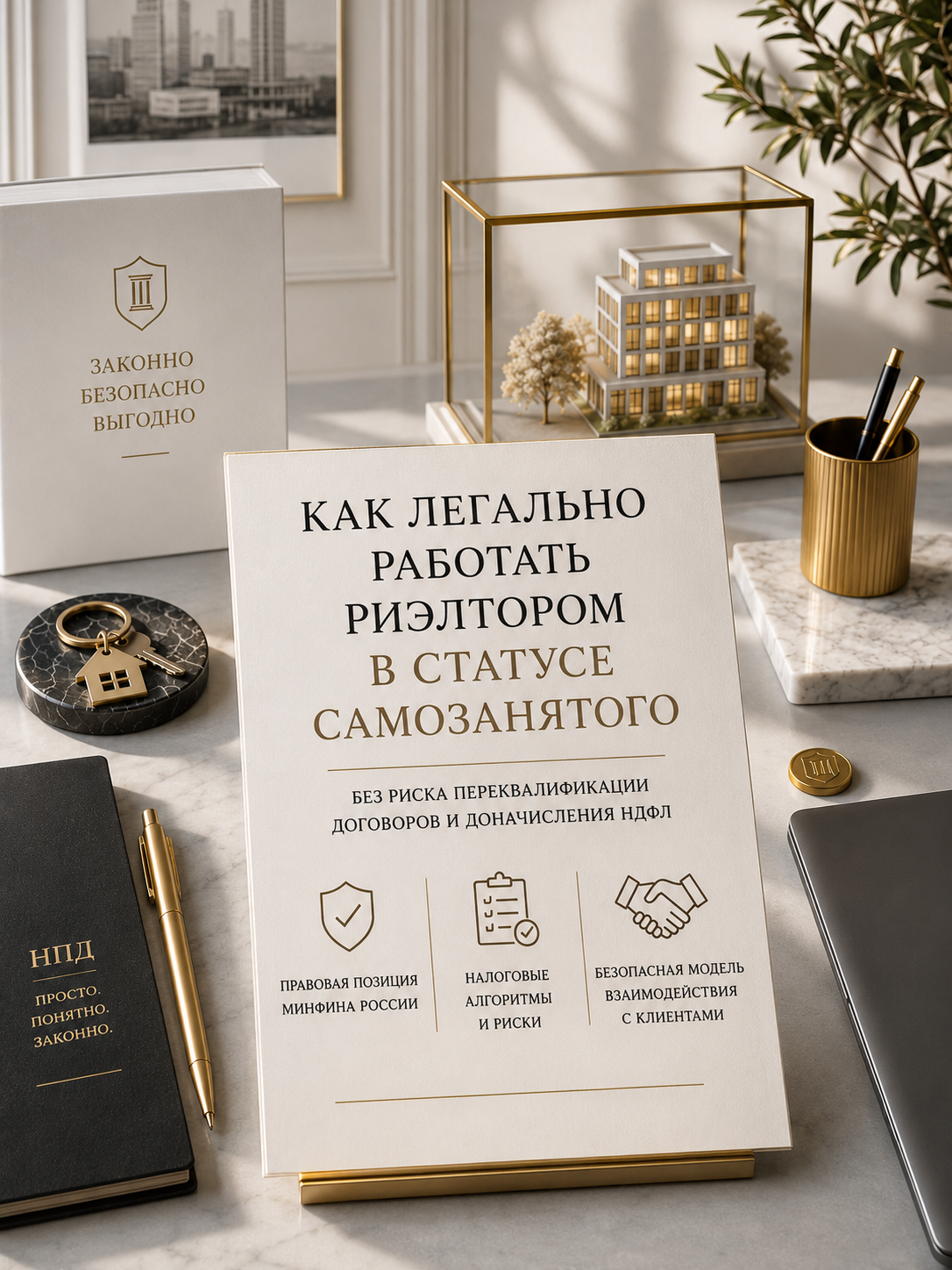 Документы по сделке с недвижимостью и ноутбук на рабочем столе юриста. Анализ налоговых рисков для самозанятых риэлторов и экспертов.