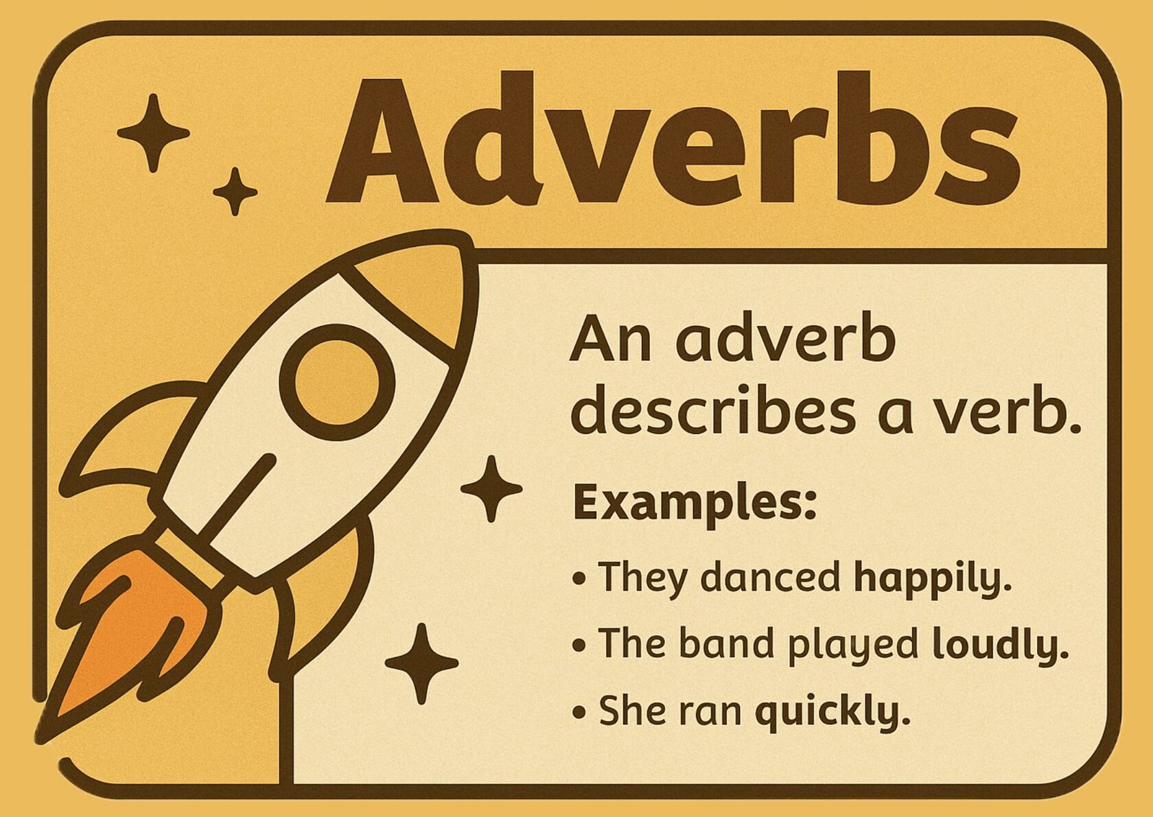 Иллюстрация с ракетой и текстом о наречиях в английском языке: Adverbs — An adverb describes a verb. Примеры: They danced happily, The band played loudly, She ran quickly. Учебный плакат в тёплых бежево-оранжевых тонах.