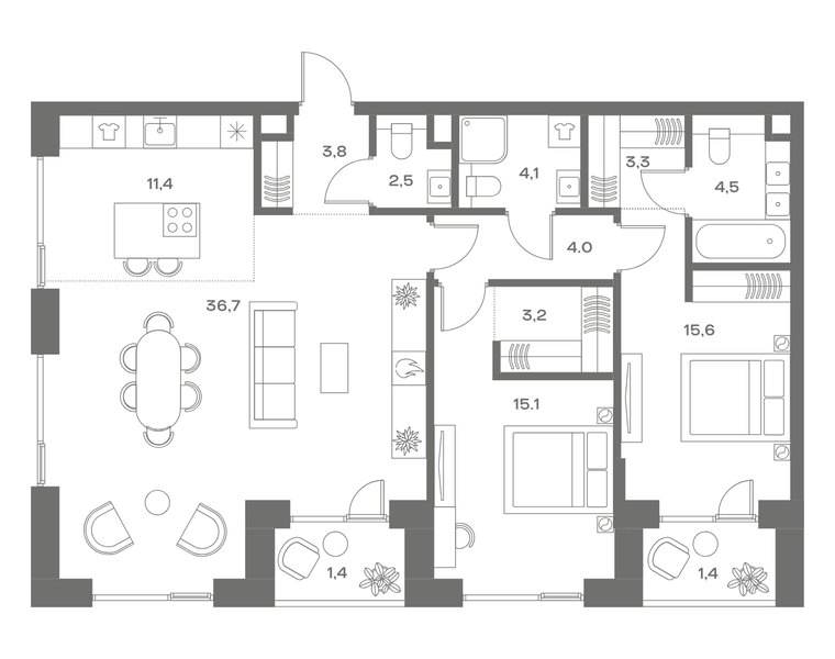 Планировка квартиры с 2 спальнями 107 м² в ЖК Soul: корпус 6, секция 7, 8-й этаж