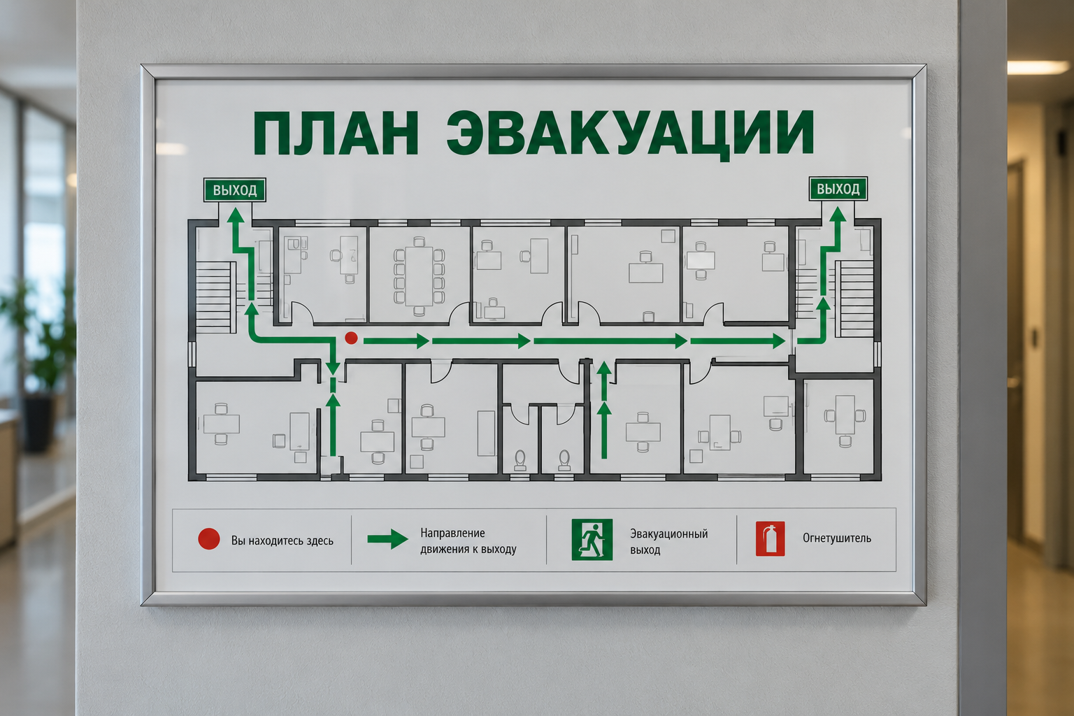 Иллюстрация плана эвакуации на стене; пример оформления
