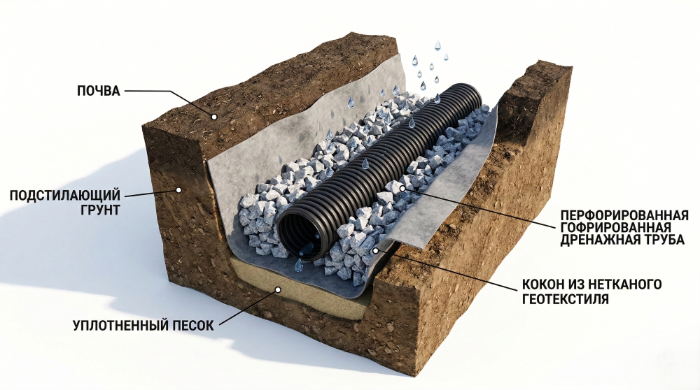как укладывать дренажную трубу в геотекстиле в канаву, геотекстиль в канаву, геотекстиль для дренажной канавы