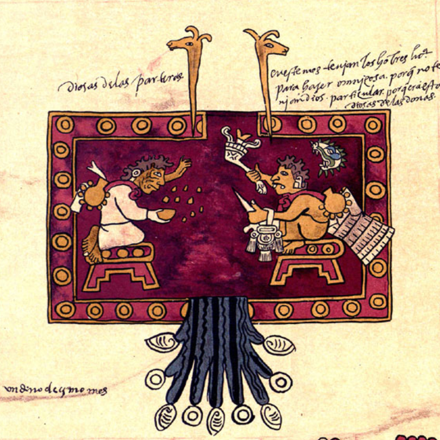 Ошомоко и Сипактональ. Бурбонский кодекс. Ацтеки. Коллекция Bibliothèque de l'Assemblée Nationale, Париж.