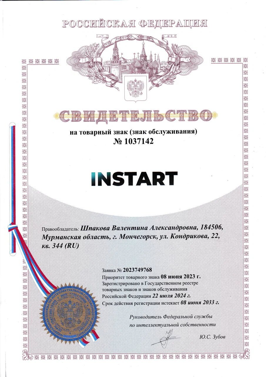 Свидетельство на товарный знак INSTART