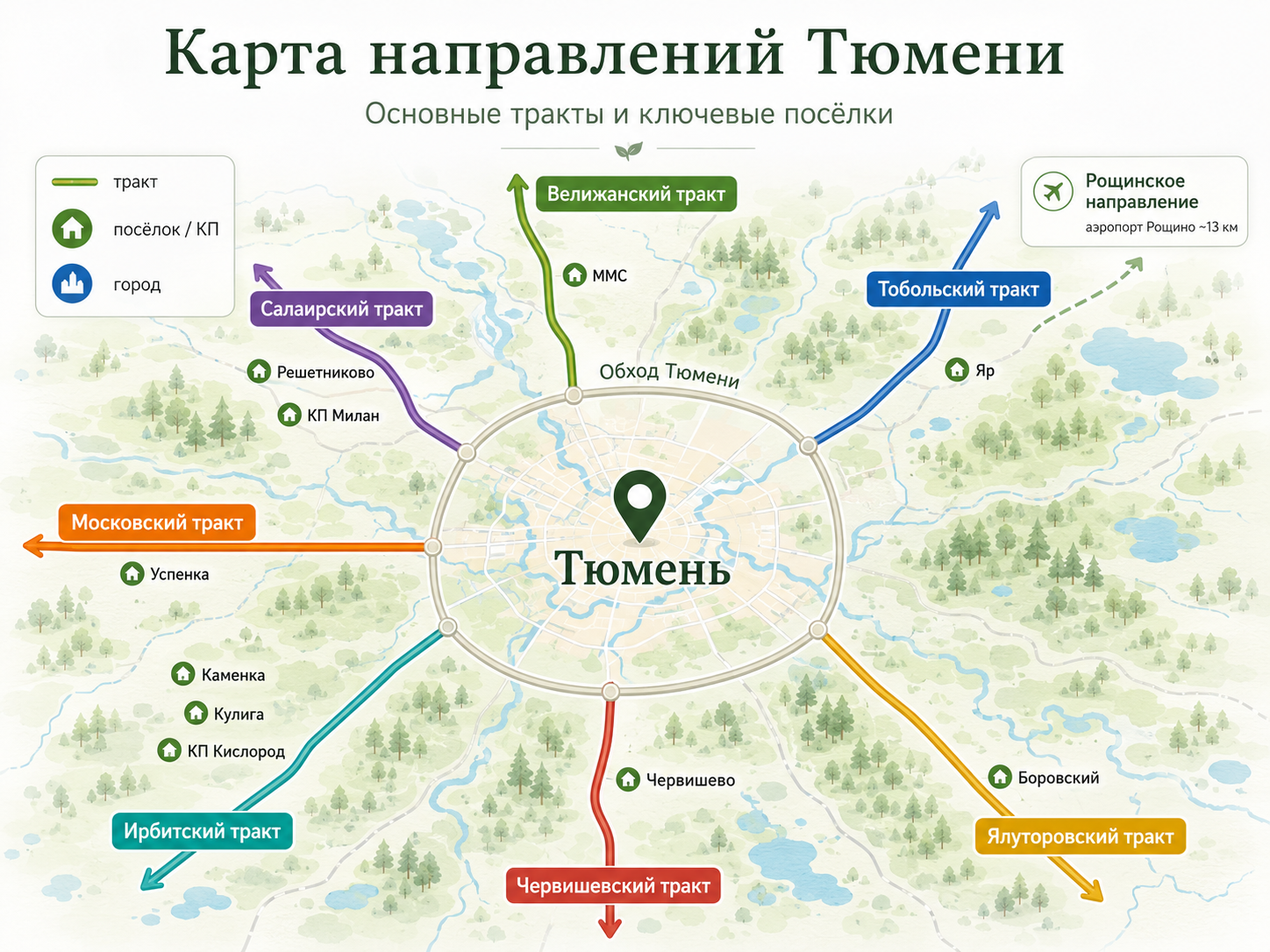 Карта направлений и трактов Тюмени