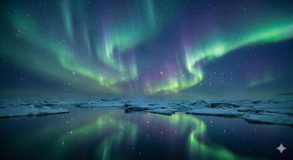 Северное сияние над арктическими водами