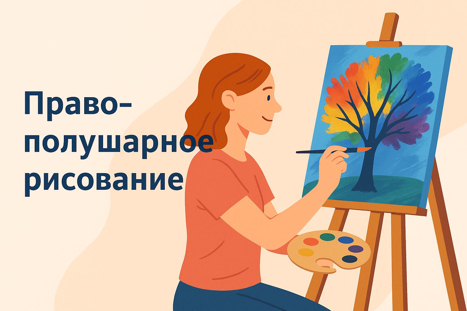 Иллюстрация правополушарного рисования: девушка с кистью в руках творчески рисует яркими красками на холсте