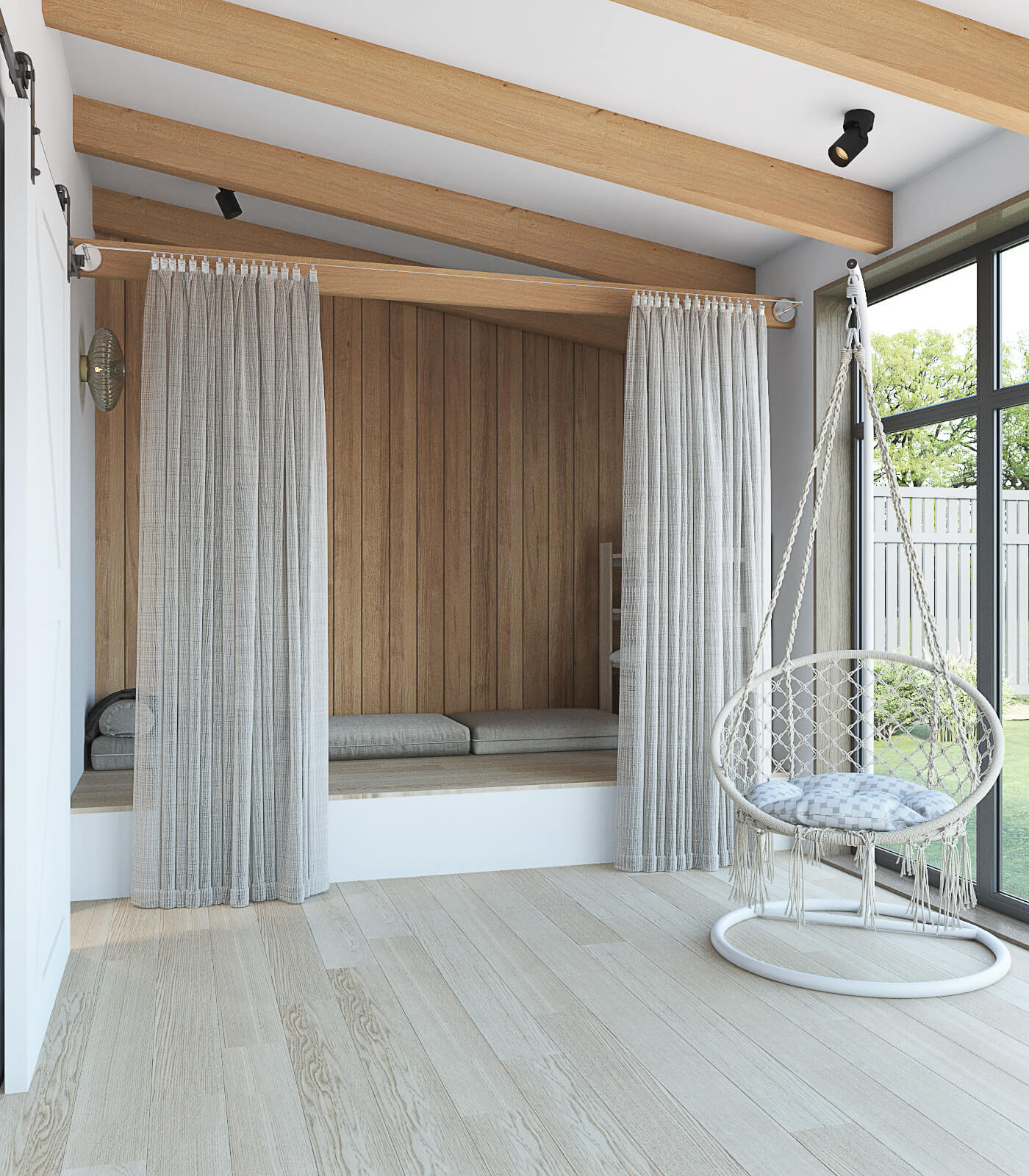 пристройка к дому с кухней. Подиум, кресло качели.