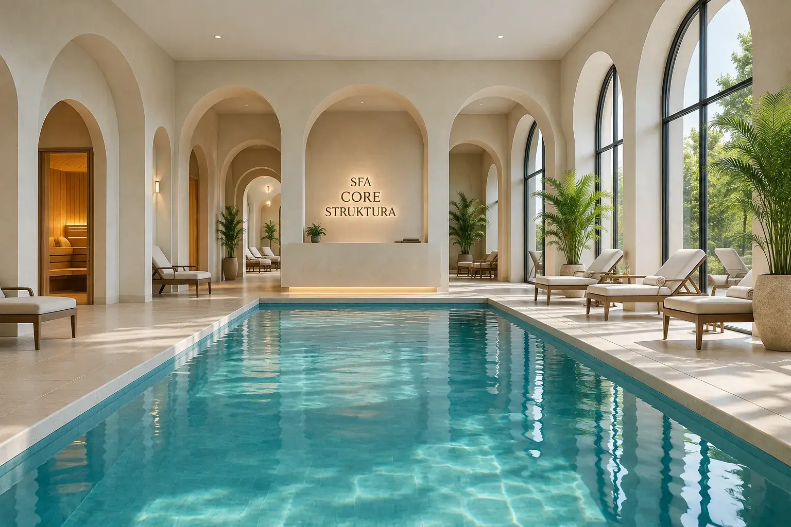 Дизайн интерьера SPA-комплекса с бассейном, сауной, арочной архитектурой и зоной отдыха