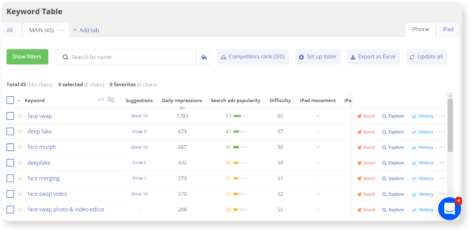 Keyword Explorer помогает DEVGAME проверить поисковую выдачу и посмотреть поисковые подсказки из App Store и Google Play