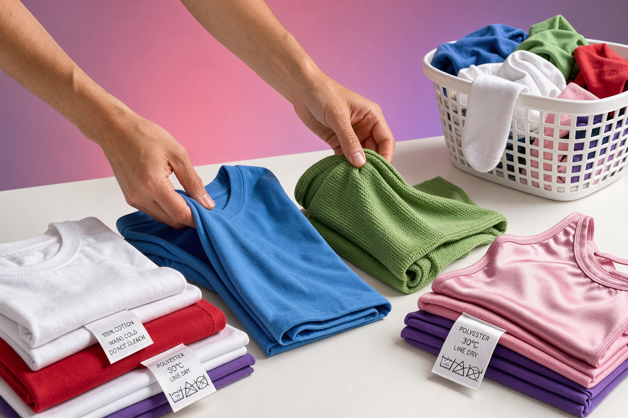 Close-up of hands sorting laundry by color and fabric on a table with care labels visible and a basket of mixed clothing nearby, no branded detergents
