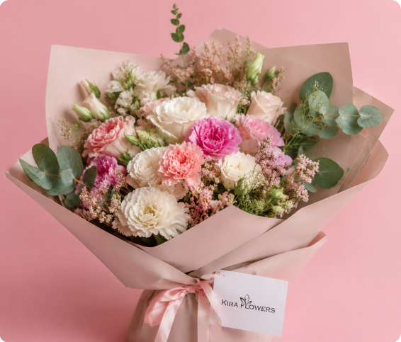 Премиальный букет Kira Flowers в розовой упаковке