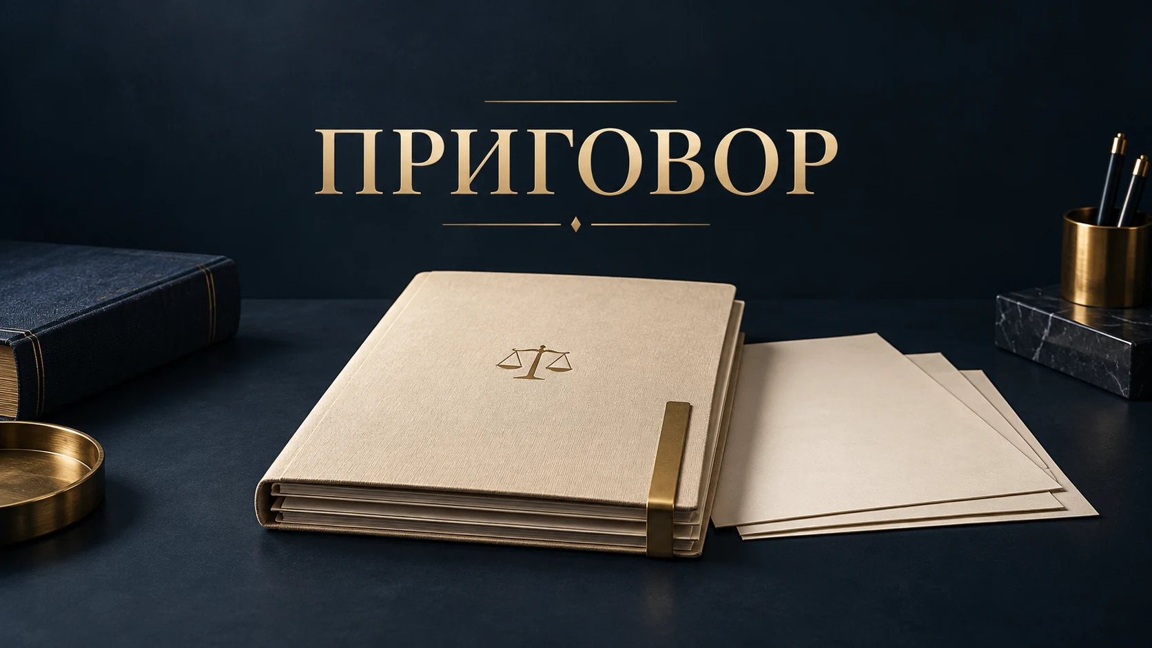 Концептуальная обложка: полный текст судебного приговора и папка дела на тёмно-синем столе