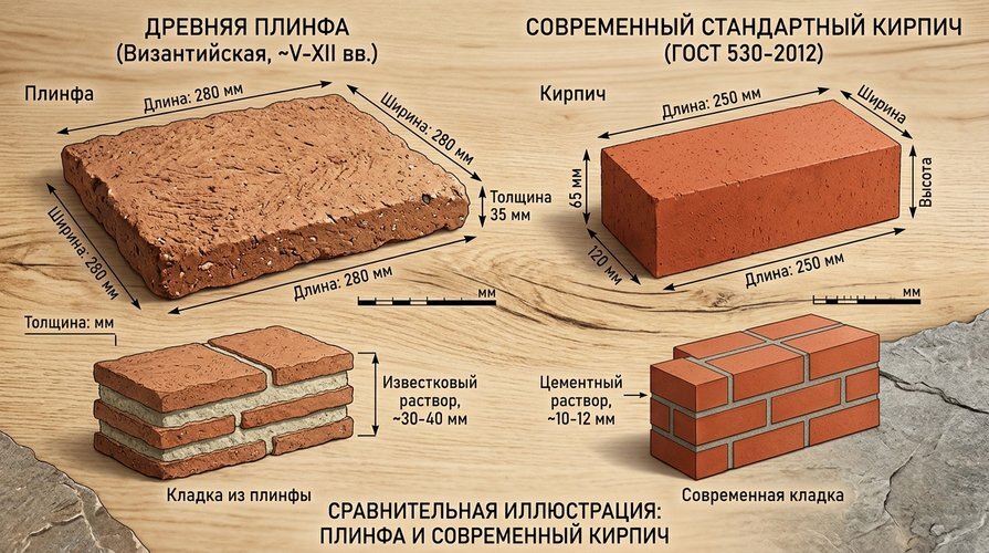 Cравнение размеров древнерусской плинфы и современного кирпича НФ