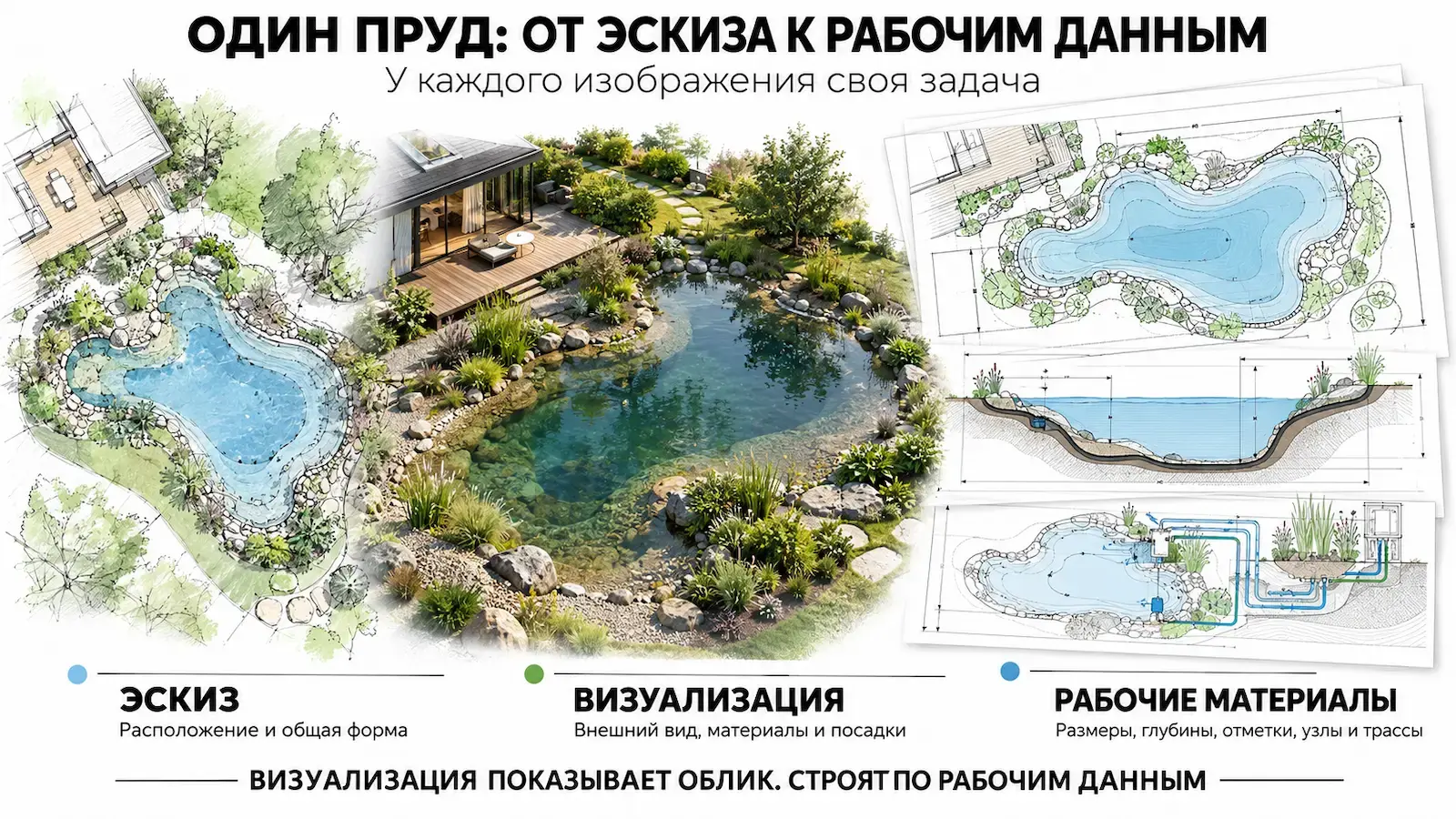 Эскиз, визуализация и рабочие материалы проекта пруда