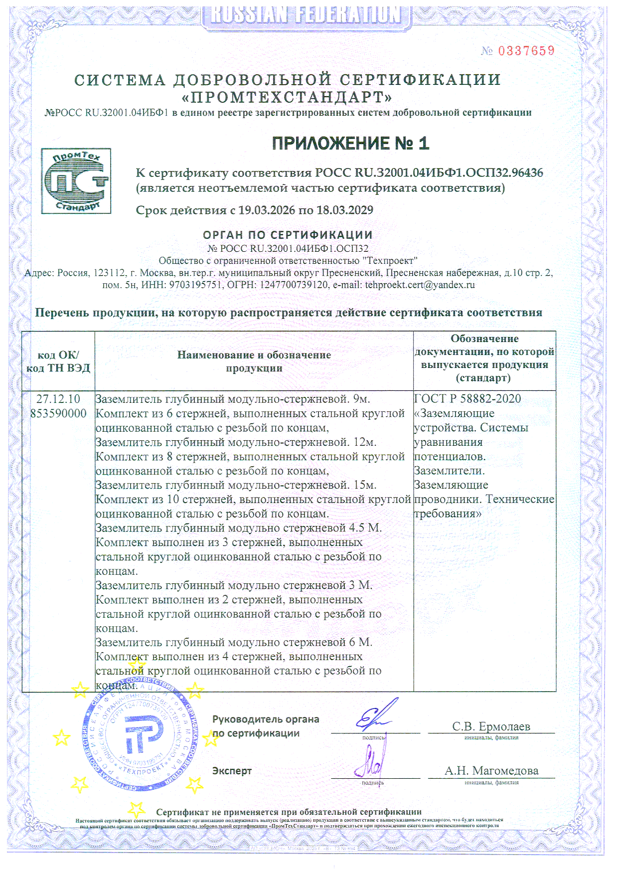 Приложение к сертификату - перечень продукции