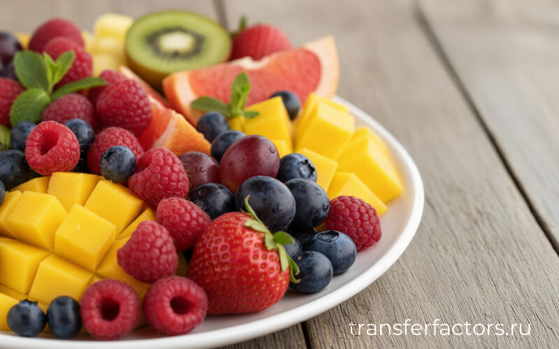 4Life Transfer Factor RioVida Burst: упаковка напитка на тарелке с ягодами, идея «радуги» в питании и антиоксидантов из фруктов и суперфруктов