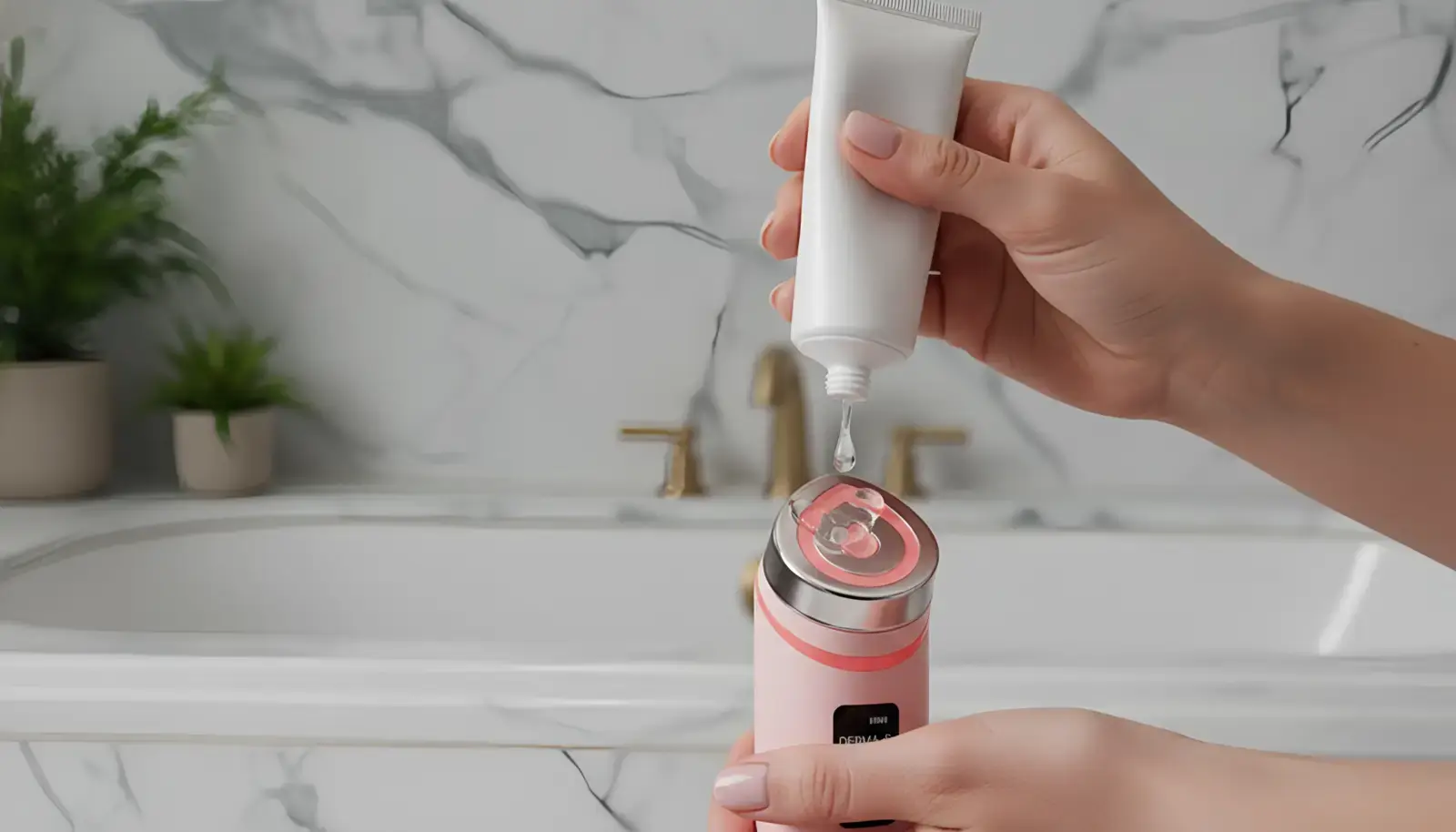 Капля прозрачного геля для микротоковой терапии на поверхности прибора