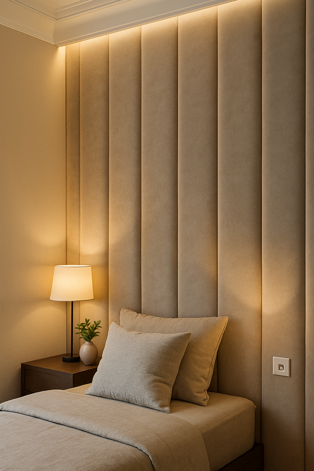 Уютная спальня с мягкими вертикальными панелями бежевого цвета на стене, подсвеченными сверху светодиодной лентой и настольной лампой на тумбе, рядом с которой стоит небольшое зелёное растение.