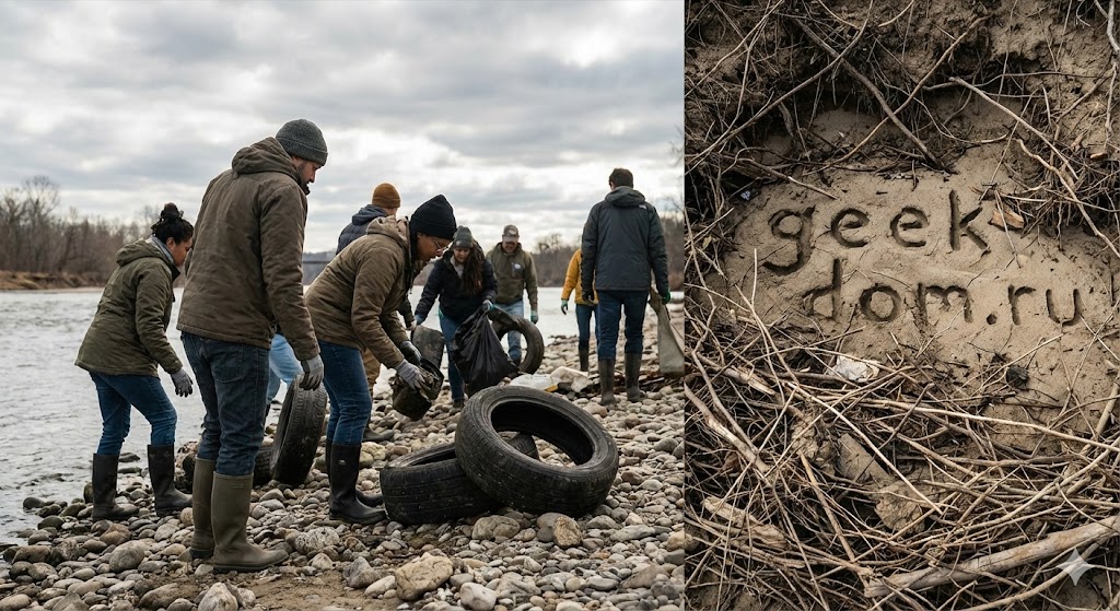 Волонтеры очищают берег реки от мусора