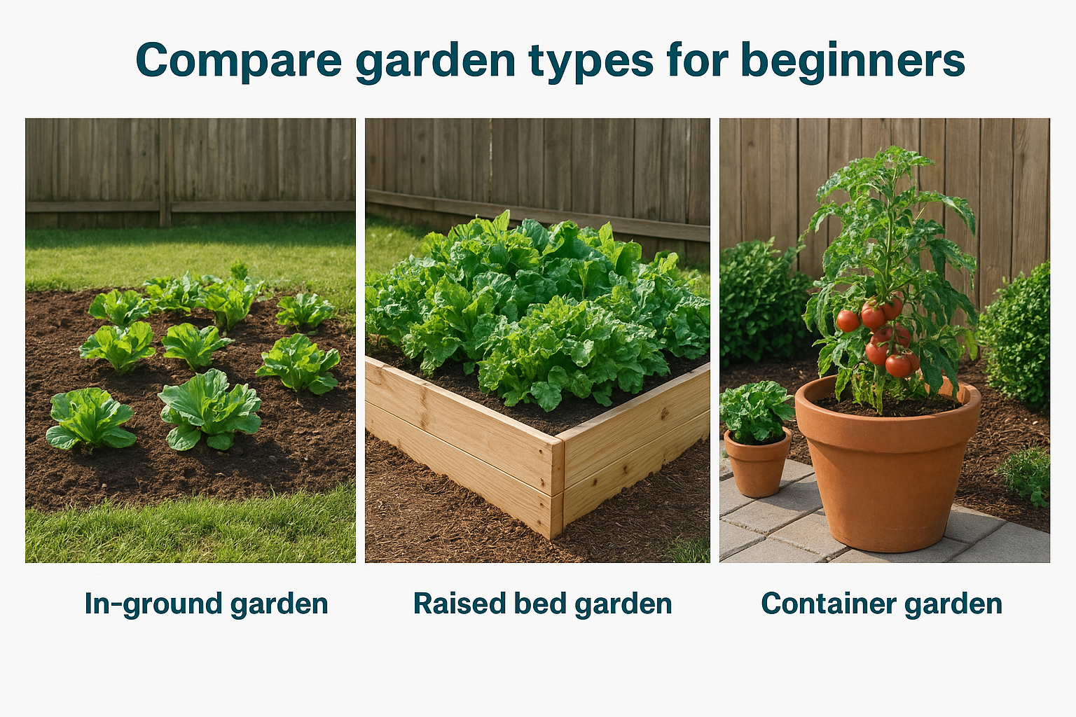In-ground garden with lettuce plants, raised bed garden with leafy greens, and container garden featuring tomato plant, comparing gardening methods for beginners.
