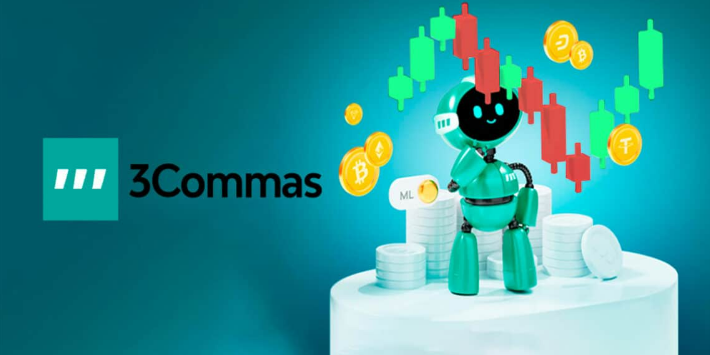 3commas logo, next to an illustrated robot surrounded by trading graphics