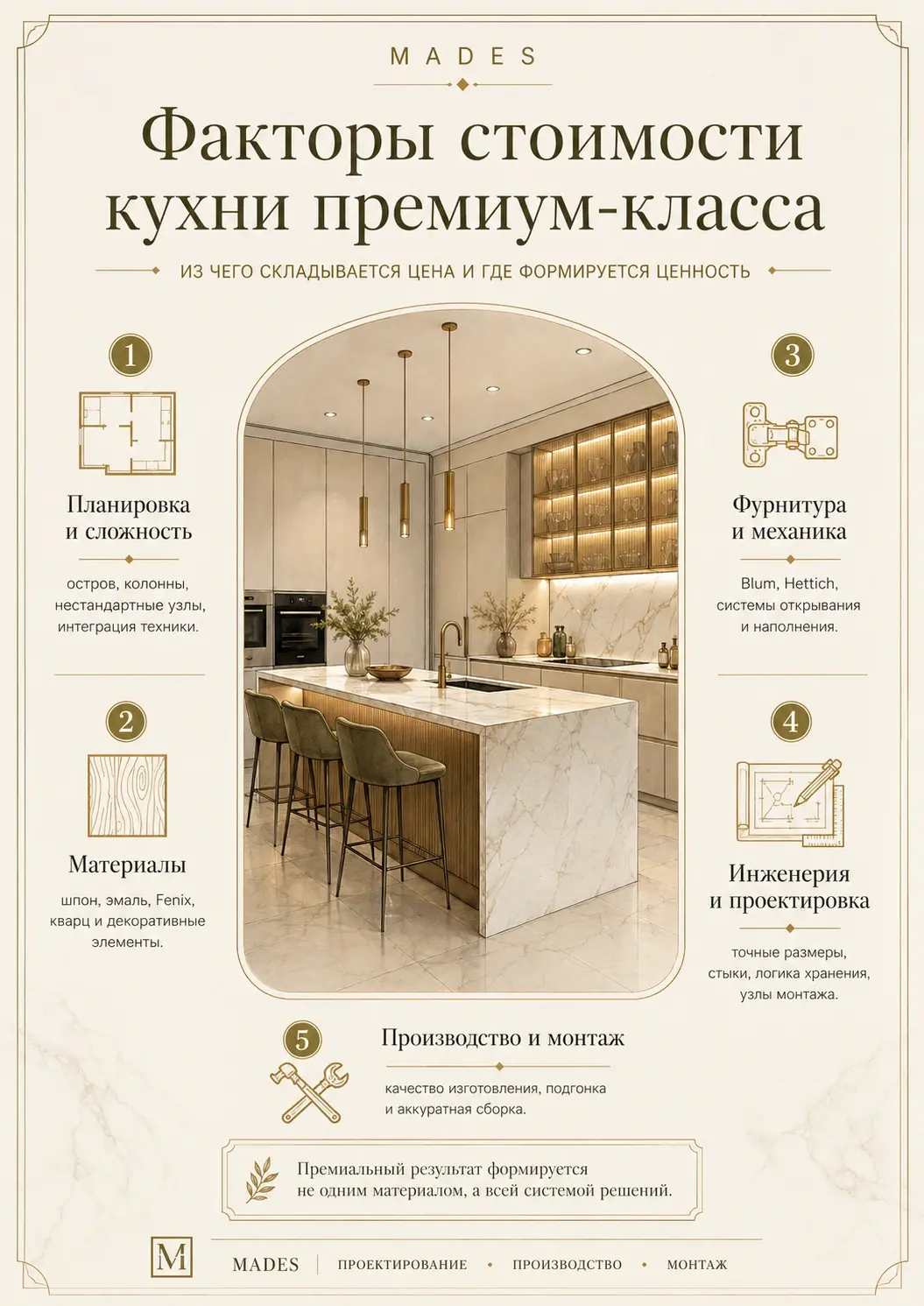 Факторы стоимости кухни премиум-класса Что влияет на стоимость кухни премиум-класса — инфографика MADES