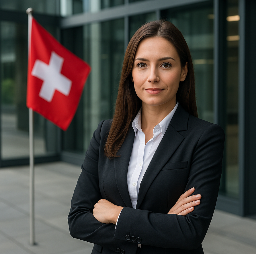 Empresario con corbata frente a la bandera suiza – símbolo del consejo de administración en Suiza