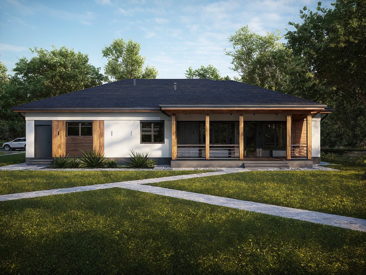 Главный фасад дома вечером