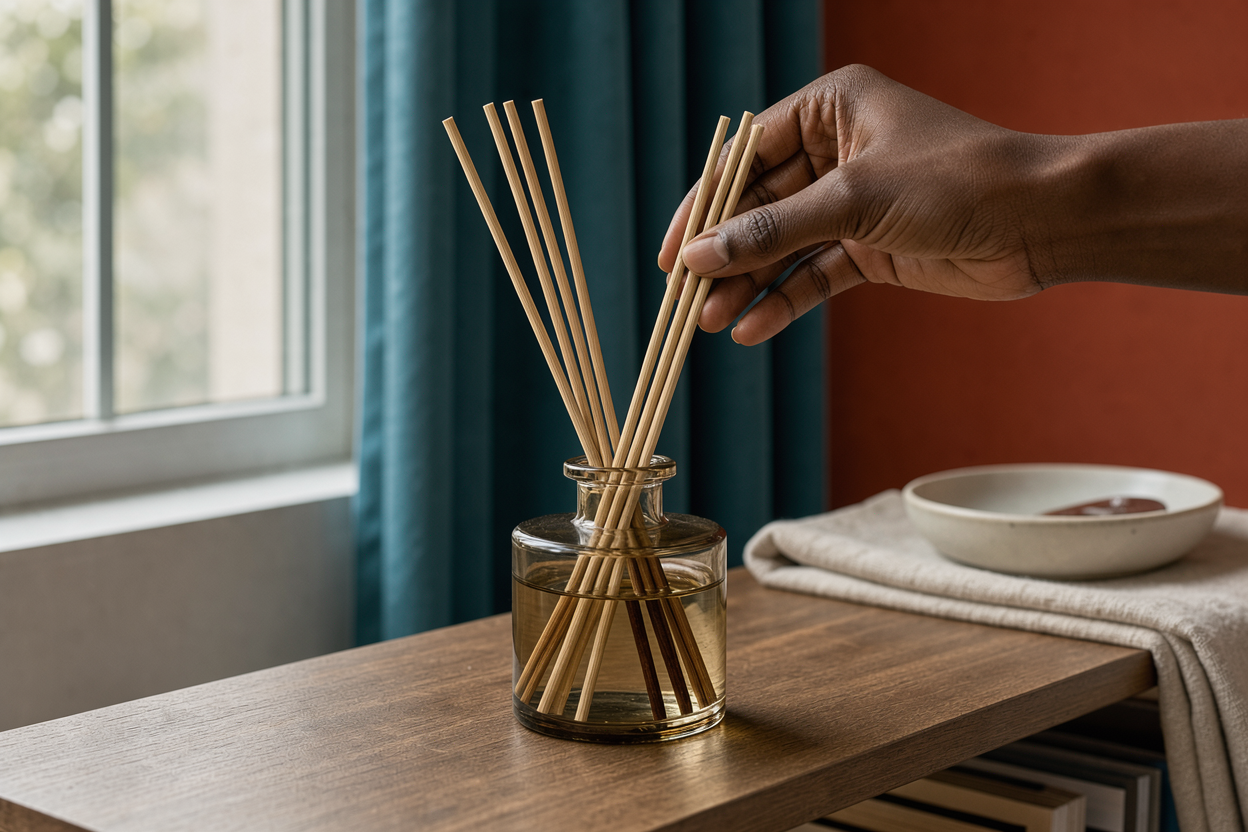 A hand carefully flipping the ends of rattan sticks in a reed diffuser bottle on a stable shelf, home background, no visible products