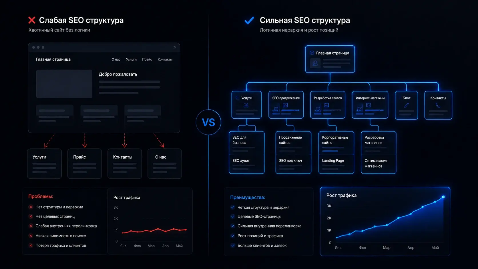 Сравнение слабой и сильной SEO структуры сайта