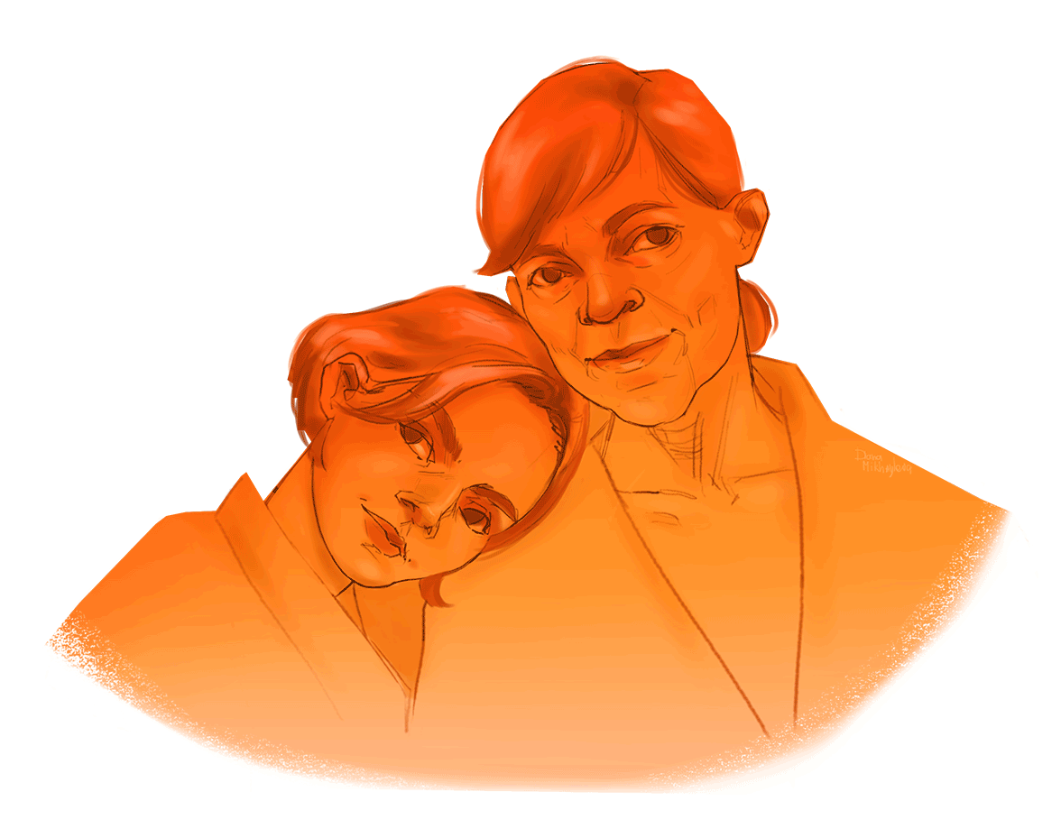 Тифлокомментарий. Цветной коллаж. Коллаж состоит из иллюстрации в оранжевых тонах, которая наложена на черную кляксу и размытое голубое пятно. На иллюстрации женщина и девушка изображены по грудь. Девушка ниже ростом и положила голову женщине на плечо, женщина склонила голову в ответ. Они похожи: широкий лоб, большие глаза, брови, высокие скулы, короткие волосы. Обе одеты в одежду типа халата. Они смотрят перед собой, слегка улыбаясь.