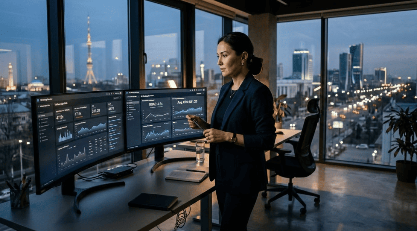 A marketing director in a Tashkent office reviews AI-powered campaign dashboards showing the real-time impact of AI on digital marketing agency performance metrics.