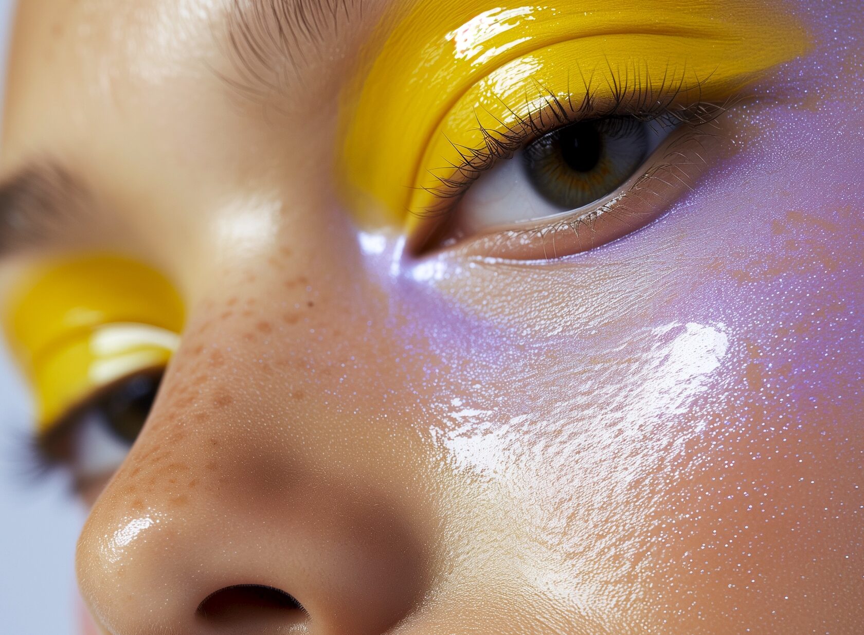 Close-up beauty photograph with yellow and violet eye makeup.