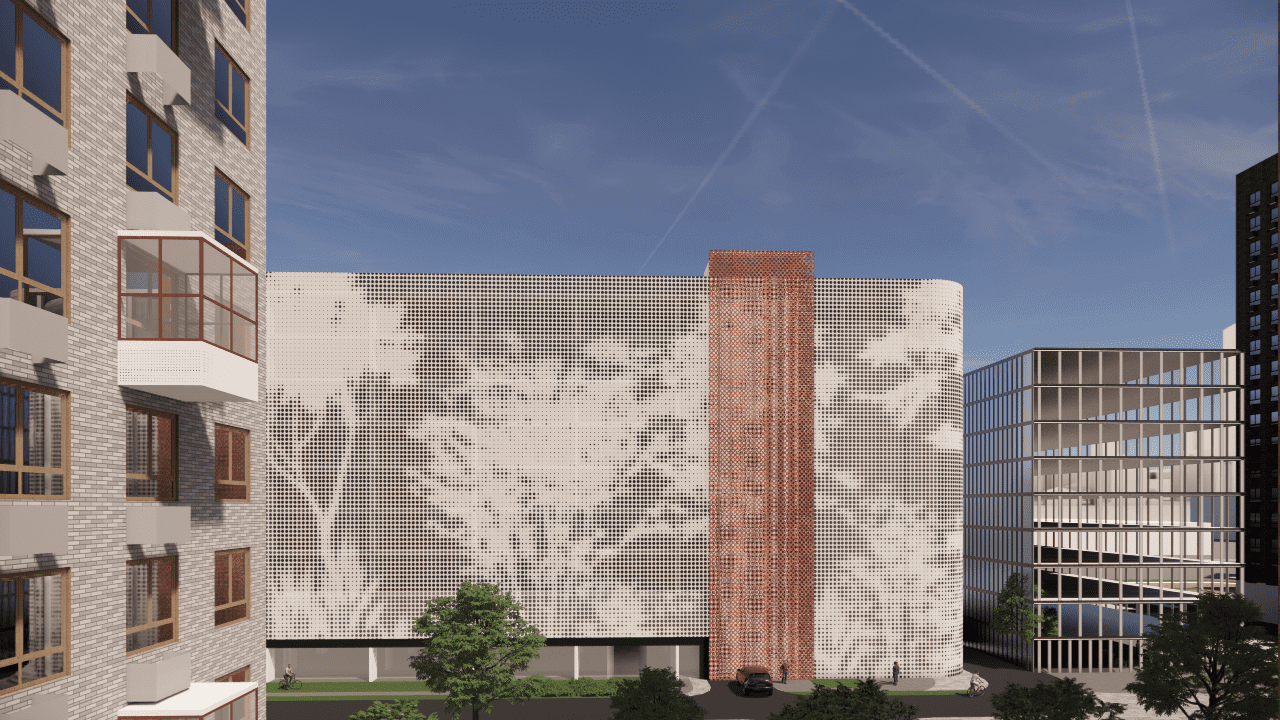 Проект многоуровневой парковки: внешний вид, фасады и въездная группа