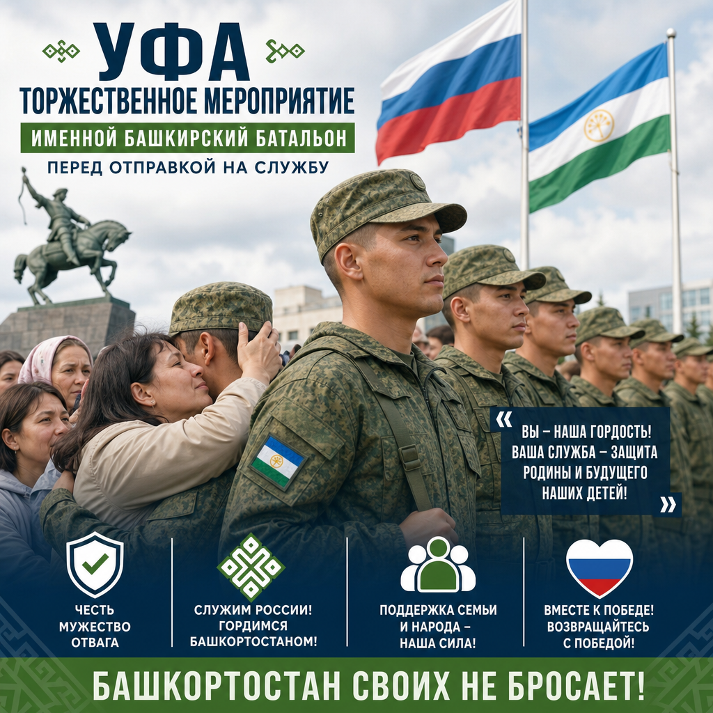 Торжественное мероприятие в Уфе — военнослужащие именного башкирского батальона перед отправкой на службу, на фоне флагов России и Республики Башкортостан; родственники провожают бойцов