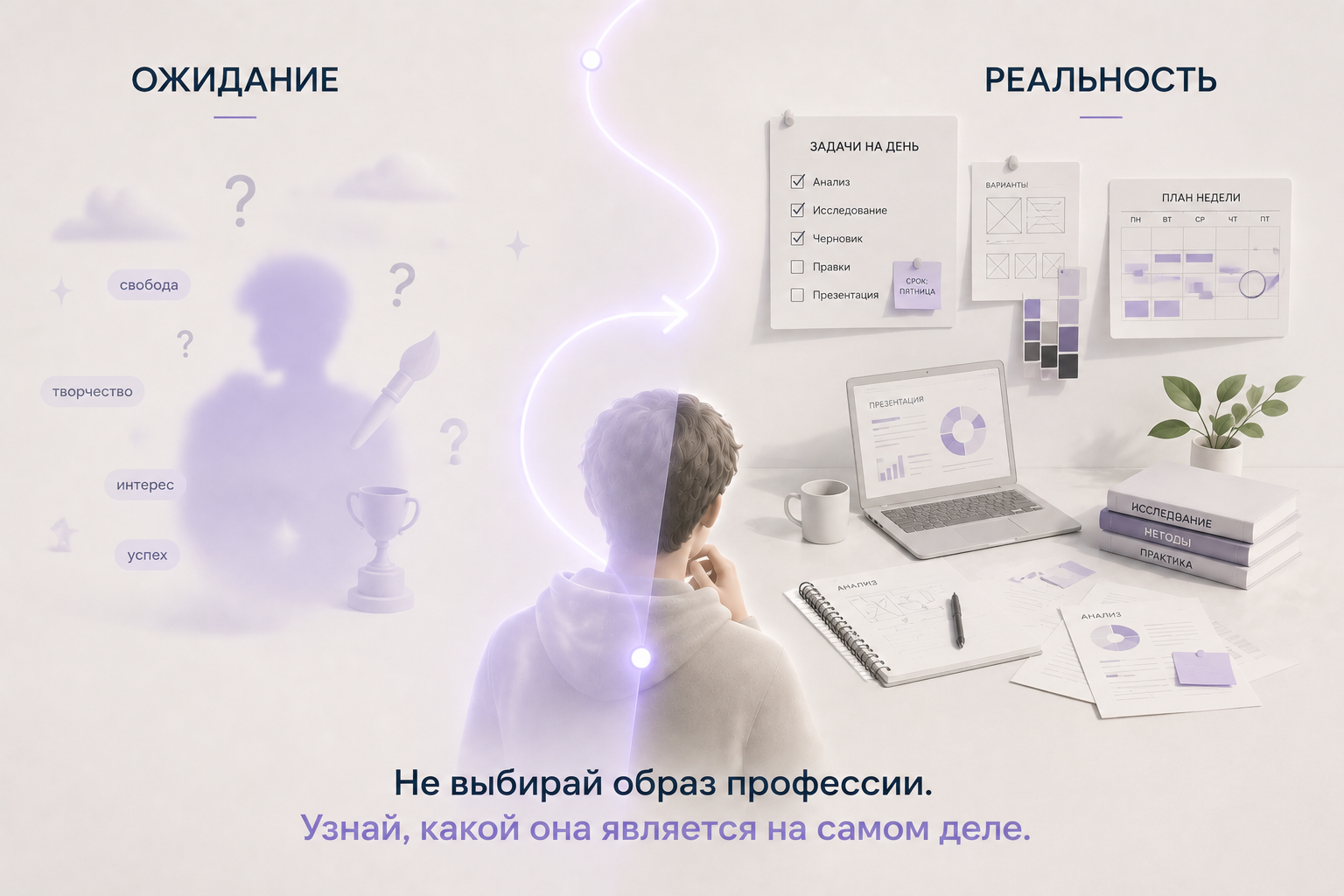 Минималистичный визуал в стиле Brainius, разделённый на две части: слева показано «Ожидание» — размытый силуэт человека в окружении абстрактных символов творчества, свободы, успеха и вопросов, отражающих представления о профессии без реального опыта. Справа — «Реальность»: организованное рабочее пространство с ноутбуком, заметками, планом недели, списком задач, документами и книгами, демонстрирующее повседневную работу специалиста. Через обе части проходит мягкая светящаяся линия Brainius, символизирующая путь от представлений к пониманию. Внизу размещён крупный тезис: «Не выбирай образ профессии. Узнай, какой она является на самом деле».
